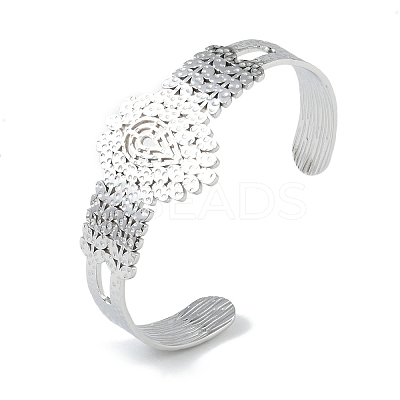 Non-Tarnish 304 Stainless Steel Hollow Leaf Open Cuff Bangles for Women BJEW-U002-07P-1