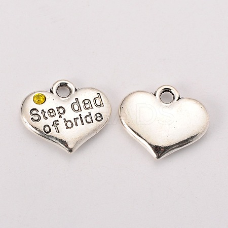 Wedding Theme Antique Silver Tone Tibetan Style Alloy Heart with Step Dad of Bride Rhinestone Charms LS-TIBEP-N005-22D-1