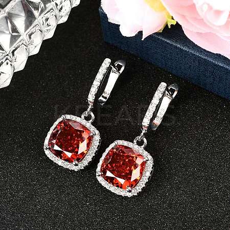 925 Sterling Silver Pave Cubic Zirconia Square Hoop Earrings EJEW-C150-01A-01-1