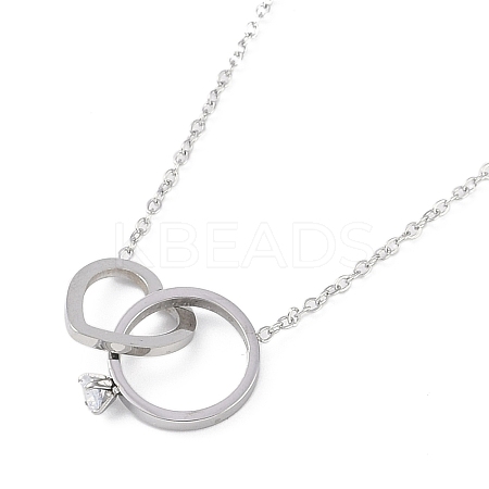 304 Stainless Steel Pave Clear Cubic Zirconia Heart & Ring Pendant Necklaces for Women NJEW-K276-06P-1