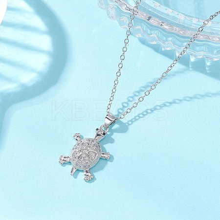 Brass Micro Pave Clear Cubic Zirconia Tortoise Pendant 304 Stainless Steel Cable Chain Necklaces for Women NJEW-JN05903-02-1