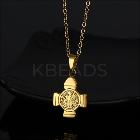 304 Stainless Steel Saint Benedict Cross Pendant Necklaces for Women NJEW-G187-03G-1