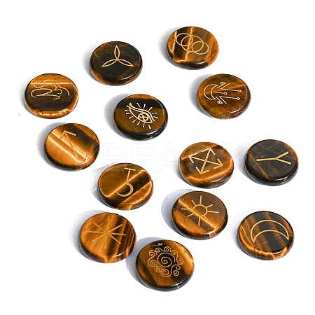 13Pcs 13 Styles Flat Round Natural Tiger Eye Rune Stones PW-WG15937-07-1