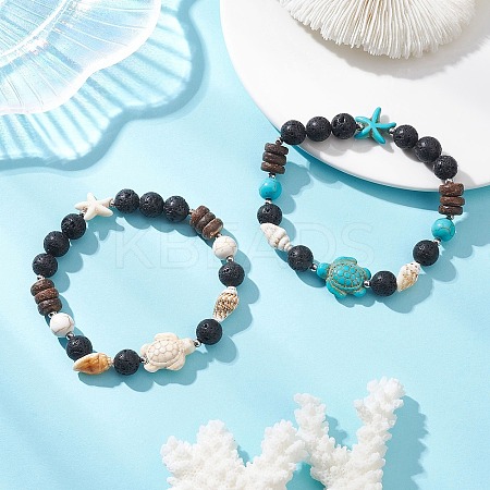 2Pcs Dyed Synthetic Turquoise & Natural & Lava Rock & Coconut & Sea Shell Beads Stretch Bracelets for Women BJEW-JB13198-1