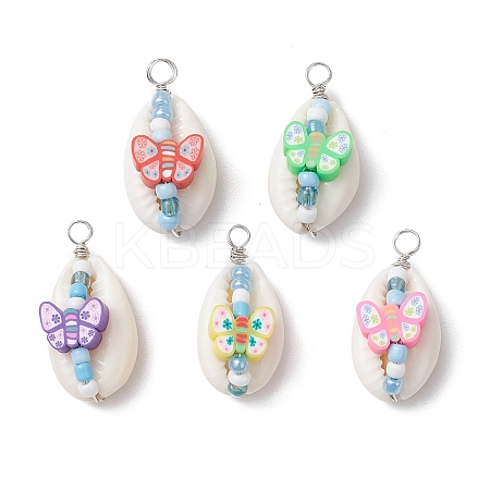 Natural Cowrie Shell & Handmade Polymer Clay Copper Wire Wrapped Pendants PALLOY-JF03818-02-1