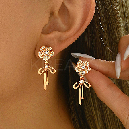 Elegant Brass Pave Clear Cubic Zirconia Flower with Bowknot Stud Earrings OP0904-1