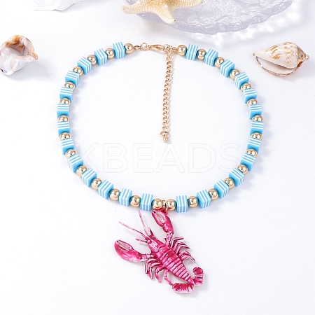 Plastic Pink Lobster Pendant Striped Square Beaded Necklaces with Alloy End Chains LS-NJEW-D336-02G-1