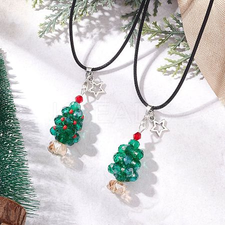 2Pcs 2 Styles Electroplate Glass Beaded Dark Cyan Christmas Tree & Alloy Star Pendant Black Waxed Cotton Cord Necklaces NJEW-MZ00123-1