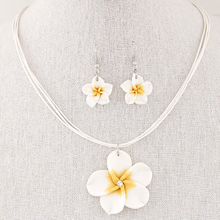 Flower Polymer Clay with Wax Cord Pendant Necklaces & Dangle Earrings Sets FS-WG2CAA9-04-1