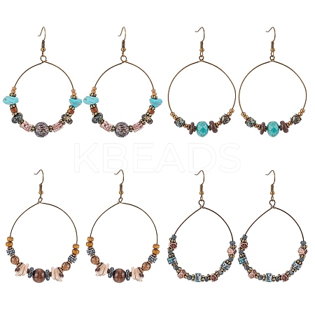 3 Pairs 3 Style Bohemia Glass & Acrylic Beaded Circle Ring Dangle Earrings EJEW-AN0002-95-1