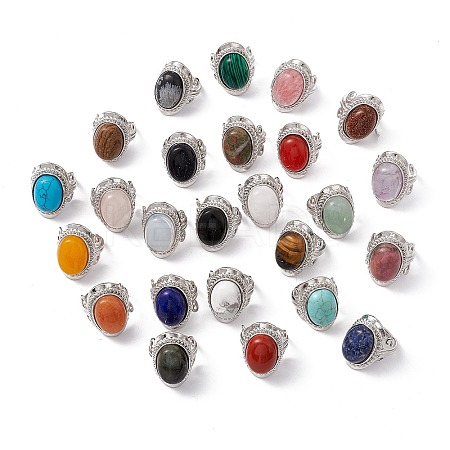 Gemstone Oval Adjustable Ring RJEW-P041-01P-1