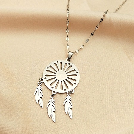Non-Tarnish Woven Net/Web with Feather 201 Stainless Steel Boho Pendant Necklaces for Women NJEW-G087-05P-1