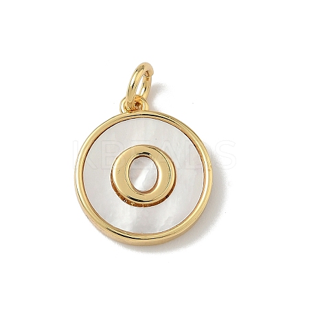 Brass Pave Natural Shell Flat Round with Letter Charms KK-Z115-13G-O-1