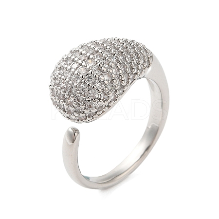 Teardrop Brass Micro Pave Clear Cubic Zirconia Open Cuff Rings for Women RJEW-A046-07P-1