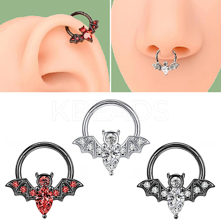 304 Stainless Steel Crystal Rhinestone Halloween Bat Hoop Nose Rings WG0E020-03-1