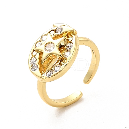 Clear Cubic Zirconia Moon & Star Open Cuff Ring RJEW-C055-03G-1