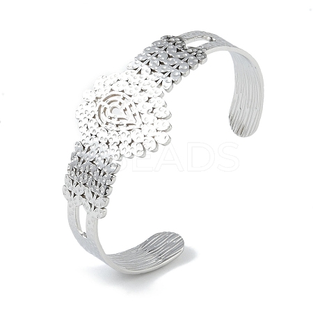 Non-Tarnish 304 Stainless Steel Hollow Leaf Open Cuff Bangles for Women BJEW-U002-07P-1