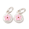 Fine Silver Pearl Pink Enamel Flat Round with Flower Charms STER-A047-04A-S-1