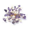 Natural Amethyst Chips & Pearl Beaded Flower Brooch Pin JEWB-BR00098-01-1
