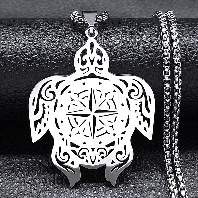201 Stainless Steel Hollow Cut Compass Turtle Pendant Necklaces LS-NJEW-H065-04P-1