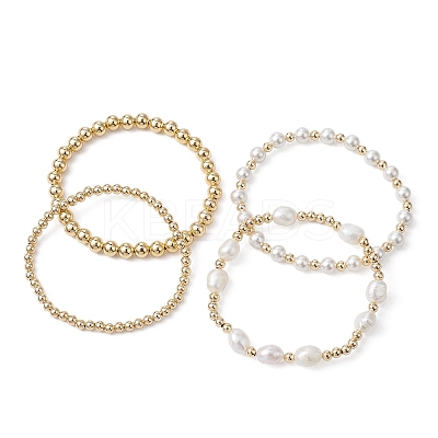 4Pcs 4 Style Natural Pearl & Brass Beaded Stretch Bracelets Set for Women BJEW-JB09662-01-1