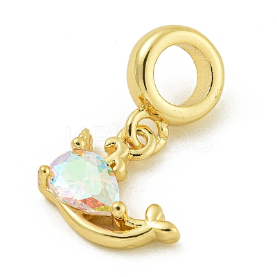 Rack Plating Brass Pave Clear AB Cubic Zirconia Whale European Dangle Charms KK-Z067-41G-1