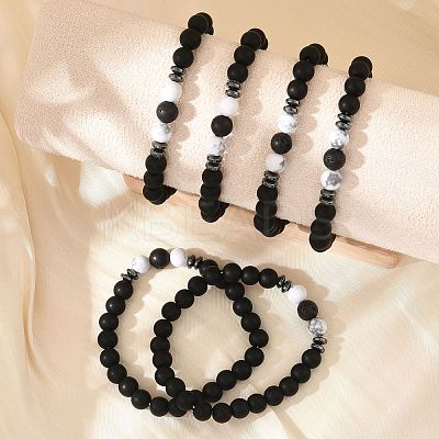 8mm Round Frosted Natural Obsidian & Howlite & Lava Rock Beaded Stretch Bracelets for Women Men AC1855-1-1