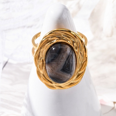 Oval Natural Banded Agate Finger Rings RJEW-M063-01G-14-1