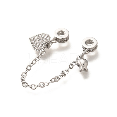 Brass Clear Cubic Zirconia European Safety Chains with Heart & Rose Charms KK-C085-16P-1