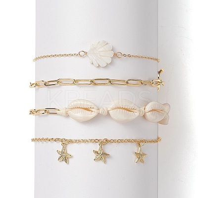 4Pcs 4 Style Natural Shell Beaded Anklets Set AJEW-AN00526-1
