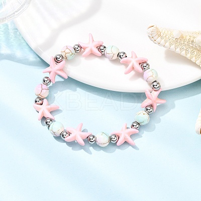 Starfish Synthetic Turquoise Beads & Brass Beads Stretch Bracelets BJEW-JB12417-02-1
