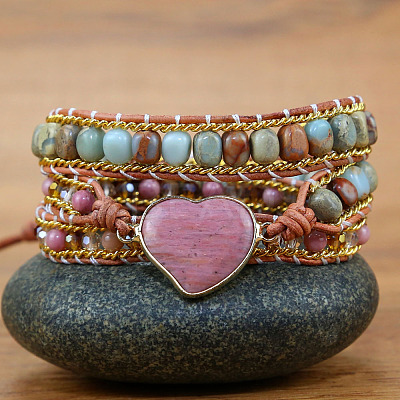 Bohemia Style Heart Natural Rhodochrosite & Shoushan Beads Multi-strand Bracelets FS-WGBC1C4-01-1