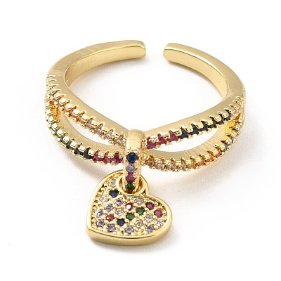 Rhinestone Heart Charm Open Cuff Ring RJEW-M142-09G-1