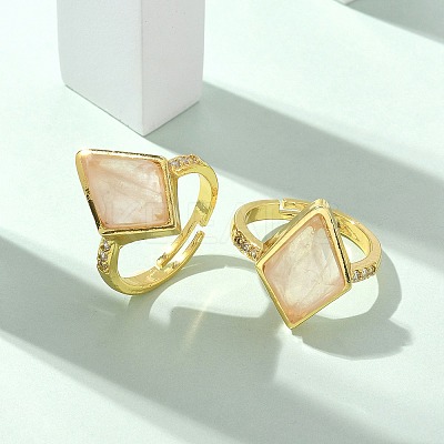 Rhombus Natural Rose Quartz Finger Rings RJEW-B113-01G-06-1