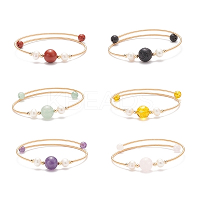 Natural Gemstone & Pearl Round Beaded Bangle BJEW-JB08464-1