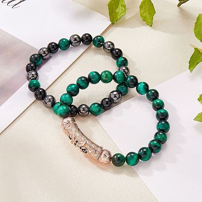2Pcs 2 Style Dyed & Heated Natural Tiger Eye & Gemstone Stretch Bracelets Set BJEW-SW00089-1
