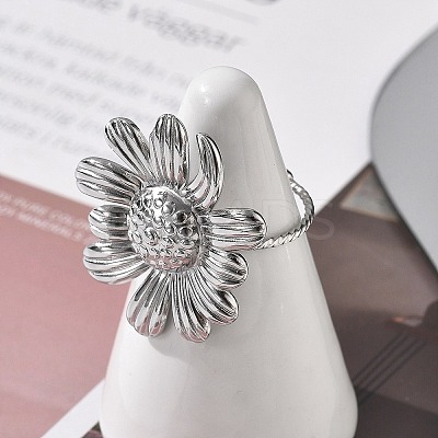 Flower 304 Stainless Steel Open Cuff Ring for Women RJEW-M049-04P-1