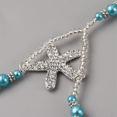 Bohemian Alloy Starfish Charm Glass Seed Beads and Plastic Imitation Pearl Beaded Toe Ring Stretch Anklets for Women AJEW-WH0270-833-1