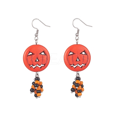 Synthetic Turquoise Pumpkin Dangle Earrings with Seed Beaded EJEW-TA00237-1