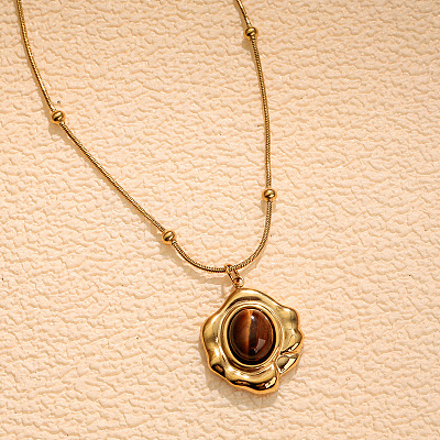 Natural Tiger Eye Pendant 304 Stainless Steel Chain Necklaces FS-WG84F4F-04-1