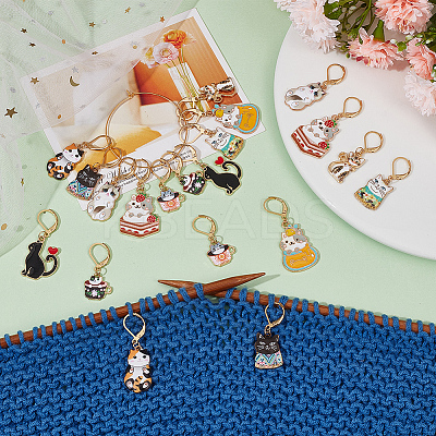 20Pcs 10 Style Alloy Enamel Cat Charm Locking Stitch Markers HJEW-SC0001-29-1