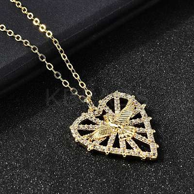 Brass Micro Pave Clear Cubic Zirconia Bird Heart Pendant Necklaces for Women NJEW-D311-01A-G-1