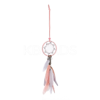 Handmade Round Leather Woven Net/Web with Feather Wall Hanging Decoration LS-HJEW-G015-03-1