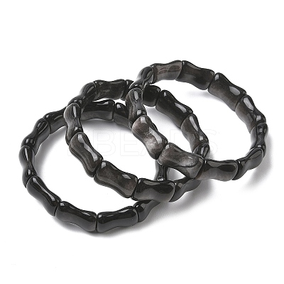 Bamboo Natural Silver Sheen Obsidian Beads Stretch Bracelets for Women Men BJEW-K304-01C-1