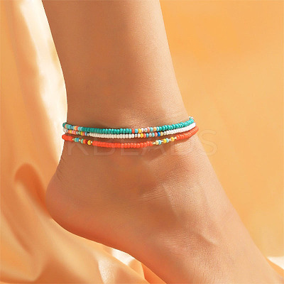 3Pcs Bohemian Style Glass Seed Rondelle Beaded Stretch Anklets for Women WG3334E-01-1