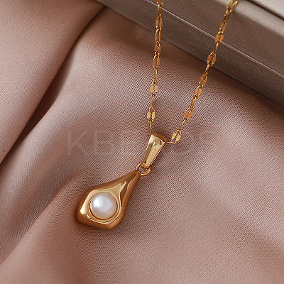 Vintage European 304 Stainless Steel and Imitation Pearl Teardrop Pendant Necklaces ZN0215-1