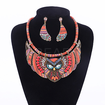 Owl Alloy Rhinestone & Polyester Cord Pendant Necklaces & Stud Dangle Earring Sets FS-WGE12EA-02-1