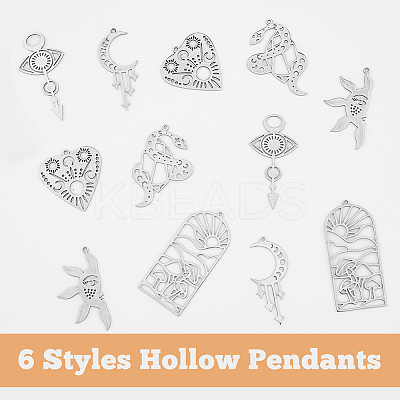 12Pcs 6 Styles Divination Theme 201 Stainless Steel Pendants STAS-DC0012-70-1