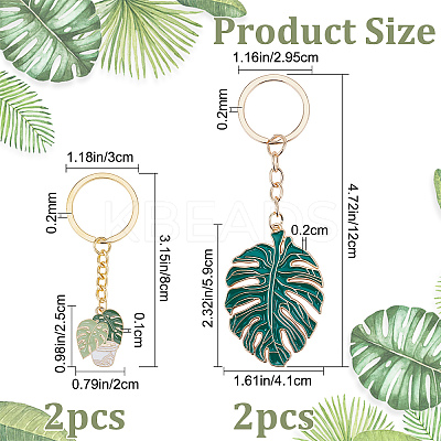 4Pcs 2 Style Monstera Leaf Alloy Enamel Pendant Keychain KEYC-CP0001-18-1