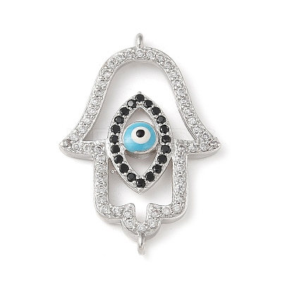 Brass Micro Pave Cleear & Black Cubic Zirconia Evil Eye Hamsa Hand Connector Charms KK-C086-15A-P01-1